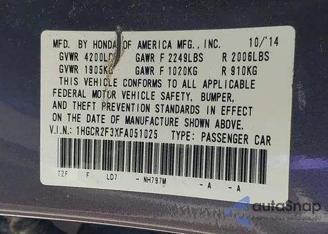 2015 Honda Accord Lx из США, поврежденный, VIN 1HGCR2F3XFA051025